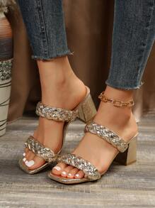 女士金屬質感編織細節粗跟穆勒魅力四射夏天高跟涼鞋 - 金色 - 查看 1