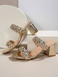 女士金屬質感編織細節粗跟穆勒魅力四射夏天高跟涼鞋 - 金色 - 查看 3