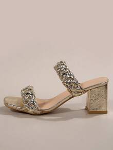 女士金屬質感編織細節粗跟穆勒魅力四射夏天高跟涼鞋 - 金色 - 查看 4