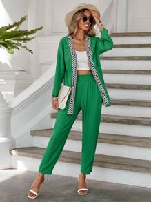 RueChic Contrast Trim Open Front Coat & Trousers - Green - View 1