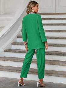 RueChic Contrast Trim Open Front Coat & Trousers - Green - View 2