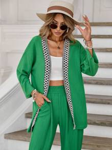 RueChic Contrast Trim Open Front Coat & Trousers - Green - View 6