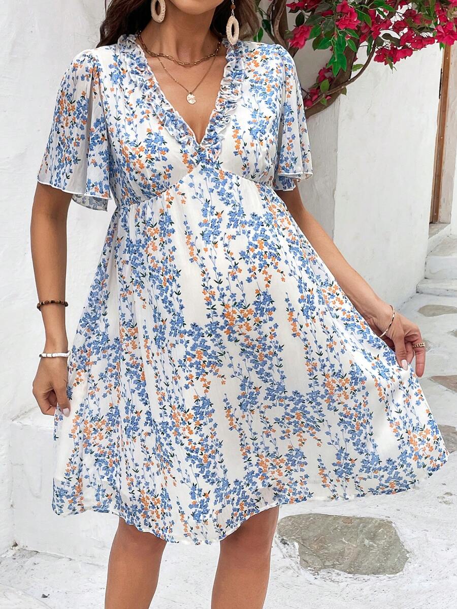 SHEIN Váy Bà bầu viền lá sen Họa tiết hoa Boho - Nhiều màu - Xem 1