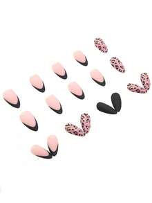 使用24入組豹紋金屬旋紋長杏仁形全覆蓋式貼片假指甲套件升級您的外觀，貼片假指甲，指甲用品 - 彩色 - 查看 2