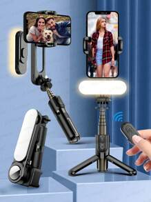 Gimbal Stabilizer For Smartphone, Portable Selfie Stick Tripod With Fill Selfie Light Wireless Remote Auto Rotate Balance Phone Holder Bracket Compatible With IPhone Android CellPhone, Black - Black - View 2