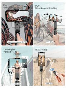 Gimbal Stabilizer For Smartphone, Portable Selfie Stick Tripod With Fill Selfie Light Wireless Remote Auto Rotate Balance Phone Holder Bracket Compatible With IPhone Android CellPhone, Black - Black - View 9