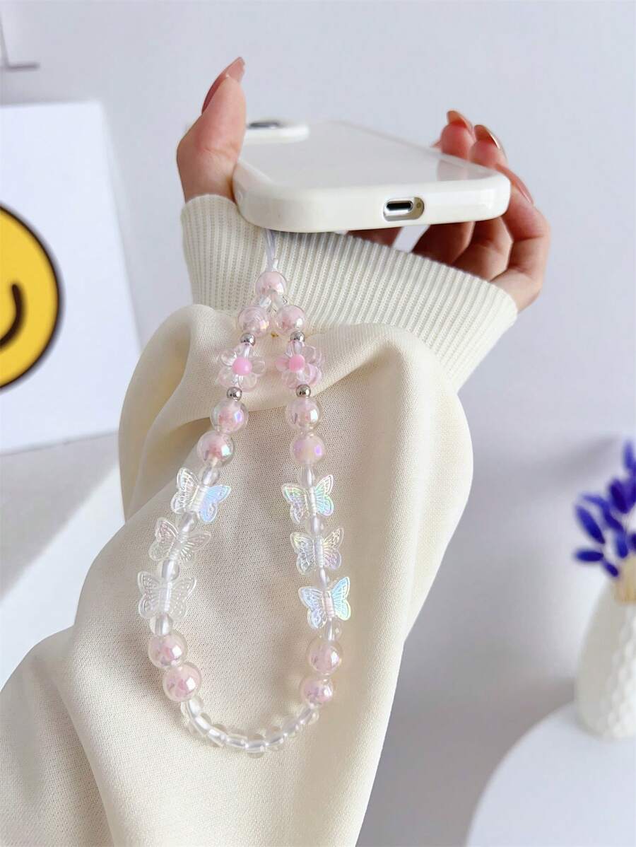 Bướm trang trí dây điện thoại đính cườm - Hồng - Xem 1