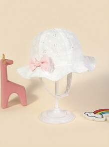 TUTUYA 1pc Girls" White Sun Hat With Pink Bowknot, Chin Strap, Lace & Floral Embroidery, Suitable For Daily And Vacation Use