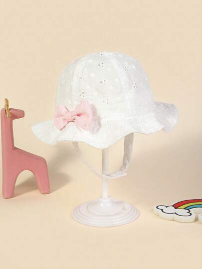 TUTUYA 1pc Girls" White Sun Hat With Pink Bowknot, Chin Strap, Lace & Floral Embroidery, Suitable For Daily And Vacation Use