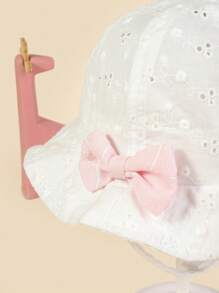 TUTUYA 1pc Girls" White Sun Hat With Pink Bowknot, Chin Strap, Lace & Floral Embroidery, Suitable For Daily And Vacation Use