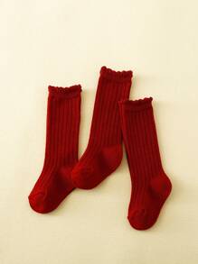 3雙兒童素色高筒襪日常裝飾 - 紅色 - 查看 3