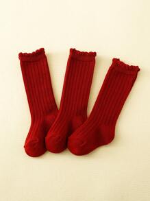 3雙兒童素色高筒襪日常裝飾 - 紅色 - 查看 4