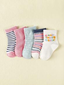 5 Pairs Striped & Floral Pattern Baby Socks, Everyday Wear - Multicolor - View 4