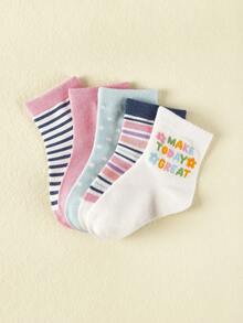 5 Pairs Striped & Floral Pattern Baby Socks, Everyday Wear - Multicolor - View 6