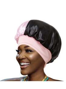 發帽，1入組寬邊睡帽緞面內襯帽子浴帽頭巾帽子可拉伸護髮帽