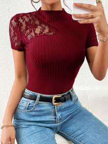 SHEIN Privé Áo thun nữ Tương phản ren Gân đan màu trơn Giải trí - Màu Đỏ Sâu - Xem 4