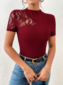 SHEIN Privé Áo thun nữ Tương phản ren Gân đan màu trơn Giải trí - Màu Đỏ Sâu - Xem 5