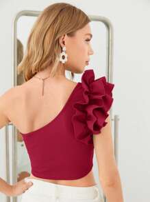 SHEIN Privé One Shoulder Ruffle Trim Crop Top - Burgundy - View 2
