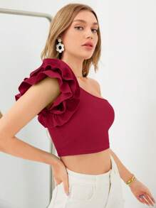SHEIN Privé One Shoulder Ruffle Trim Crop Top - Burgundy - View 3
