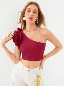SHEIN Privé One Shoulder Ruffle Trim Crop Top - Burgundy - View 4