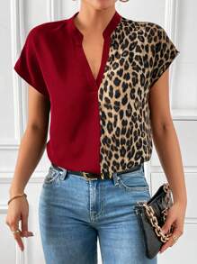 SHEIN LUNE Leopard Print Notched Neck Batwing Sleeve Blouse,Short Sleeve Tops,Casual - Burgundy - View 3