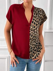 SHEIN LUNE Leopard Print Notched Neck Batwing Sleeve Blouse,Short Sleeve Tops,Casual - Burgundy - View 6