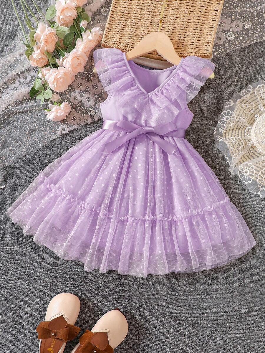 SHEIN 小女童荷葉邊腰帶波點網紗覆蓋連衣裙 - 淡紫色 - 查看 1