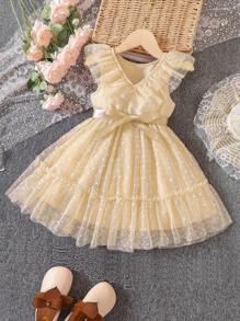 SHEIN Young Girl Dobby Mesh Overlay Ruffle Trim Belted Dress - Apricot - View 1