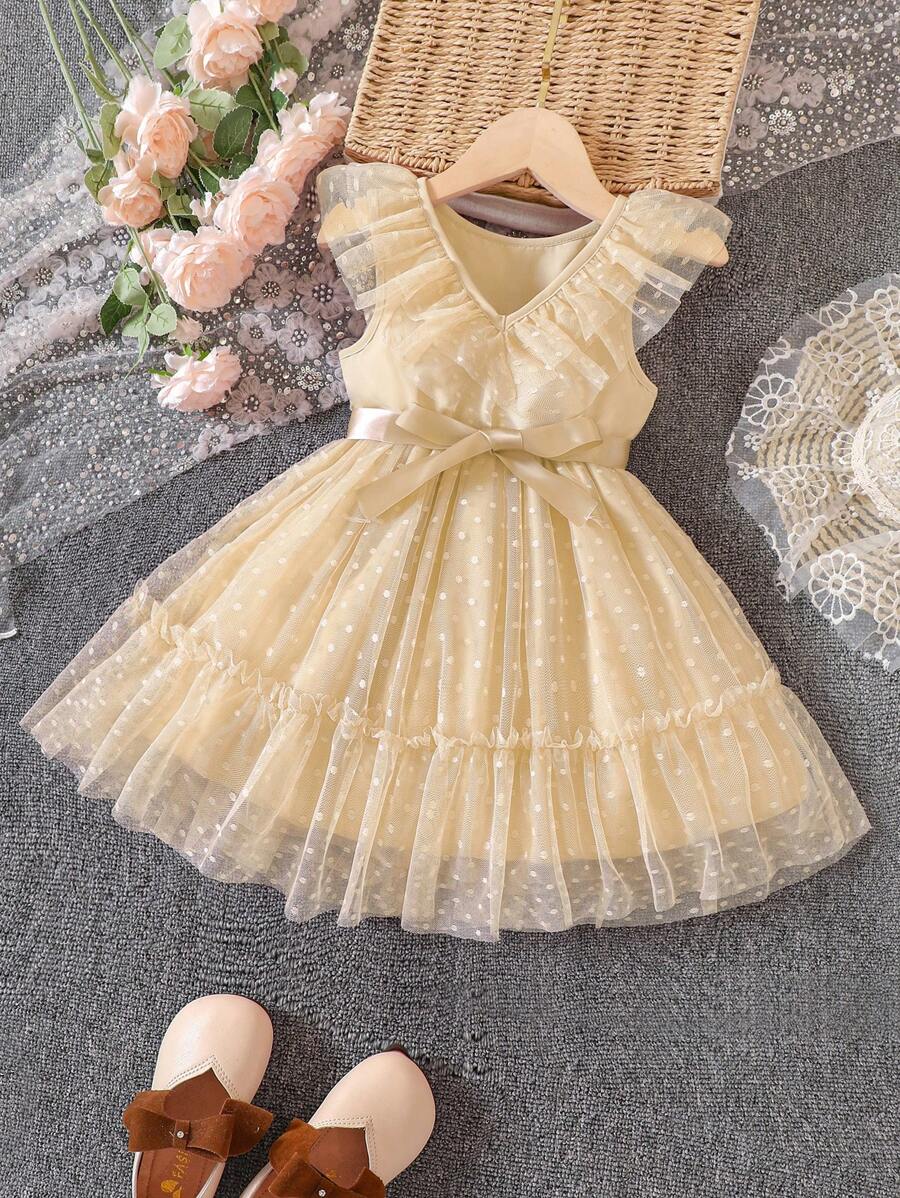 SHEIN Young Girl Dobby Mesh Overlay Ruffle Trim Belted Dress - Apricot - View 1