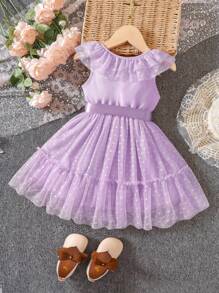 SHEIN 小女童荷葉邊腰帶波點網紗覆蓋連衣裙 - 淡紫色 - 查看 2
