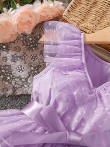 SHEIN 小女童荷葉邊腰帶波點網紗覆蓋連衣裙 - 淡紫色 - 查看 3