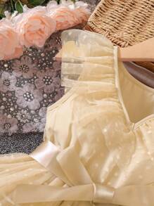 SHEIN Young Girl Dobby Mesh Overlay Ruffle Trim Belted Dress - Apricot - View 3
