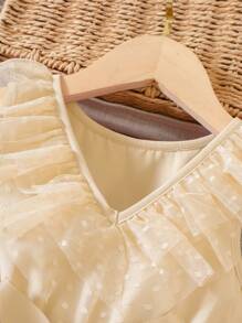 SHEIN Young Girl Dobby Mesh Overlay Ruffle Trim Belted Dress - Apricot - View 4