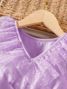 SHEIN 小女童荷葉邊腰帶波點網紗覆蓋連衣裙 - 淡紫色 - 查看 4