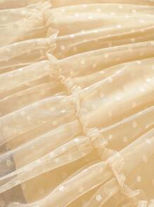 SHEIN Young Girl Dobby Mesh Overlay Ruffle Trim Belted Dress - Apricot - View 5