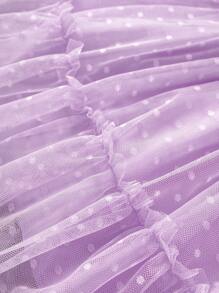 SHEIN 小女童荷葉邊腰帶波點網紗覆蓋連衣裙 - 淡紫色 - 查看 5