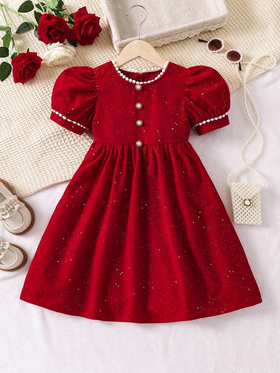 SHEIN Young Girl Contrast Lace Puff Sleeve Button Front Dress