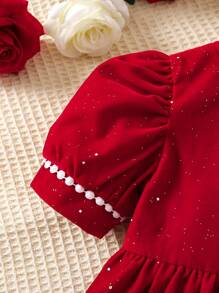 SHEIN Young Girl Contrast Lace Puff Sleeve Button Front Dress