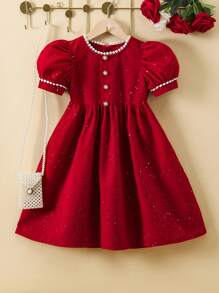 SHEIN Young Girl Contrast Lace Puff Sleeve Button Front Dress