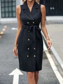 SHEIN Clasi Áo khoác  âu phục nữ Thắt lưng Nút đôi màu trơn Thanh lịch - màu đen - Xem 3