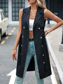 SHEIN Clasi Áo khoác  âu phục nữ Thắt lưng Nút đôi màu trơn Thanh lịch - màu đen - Xem 6