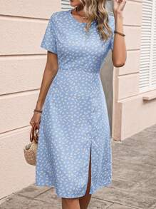 SHEIN VCAY Đầm Dây kéo Tách cao Tất cả trên in Giải trí - Màu xanh nhạt - Xem 5