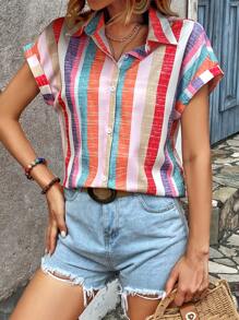 Breezaya Áo sơ mi nữ Nút phía trước Sọc Giải trí - Nhiều màu - Xem 6