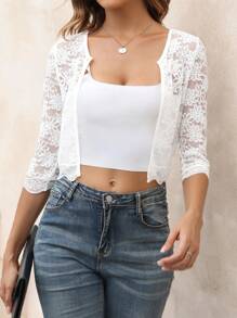 SHEIN LUNE Open Front Crop Lace Jacket For Holiday Party Clothes - White - View 1
