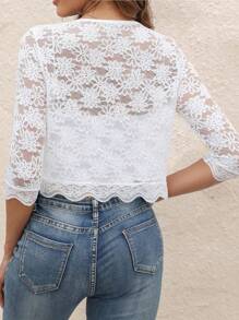 SHEIN LUNE Open Front Crop Lace Jacket For Holiday Party Clothes - White - View 2