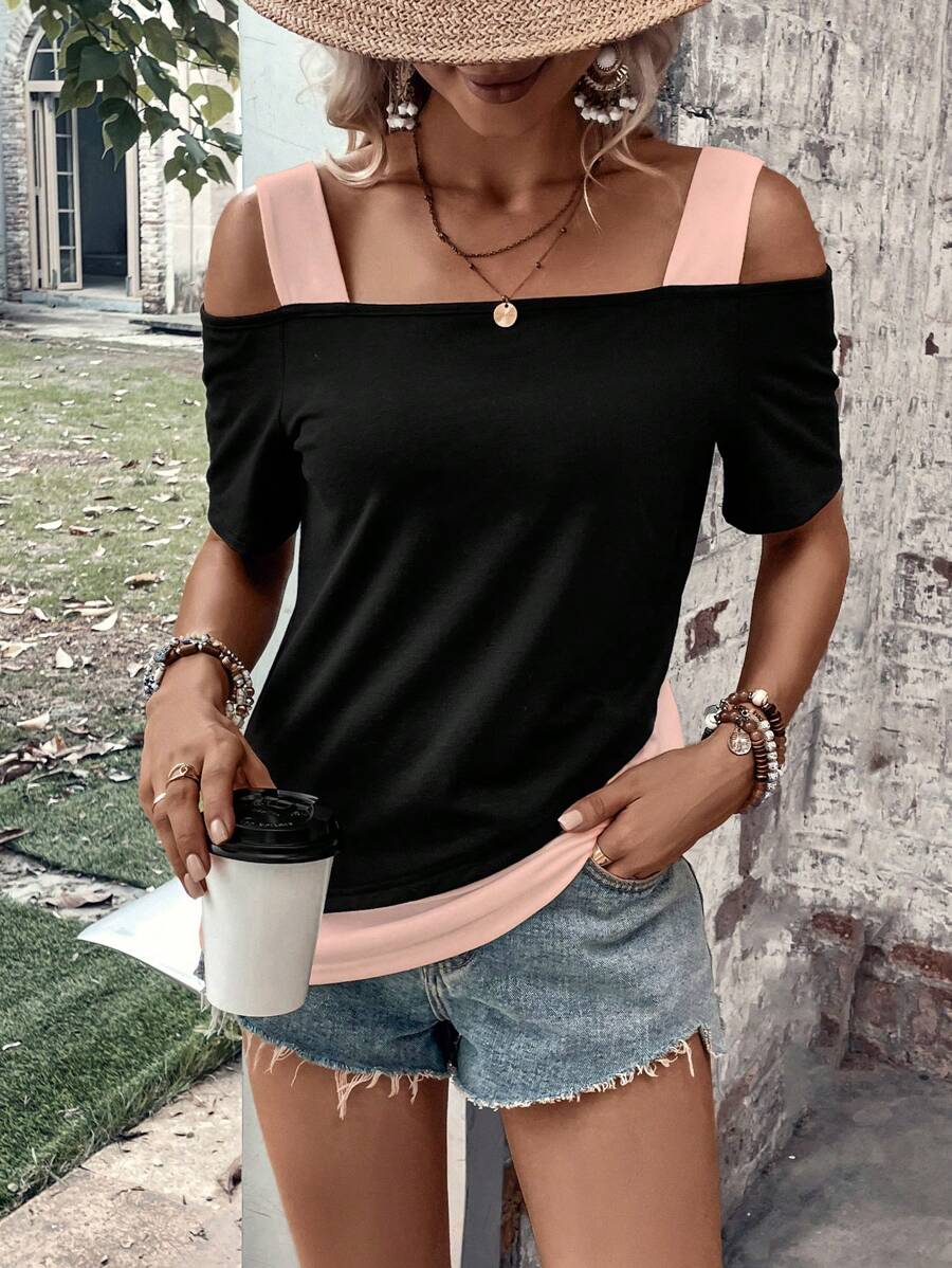 SHEIN LUNE 撞色挖肩T恤 - 淺粉色 - 查看 1