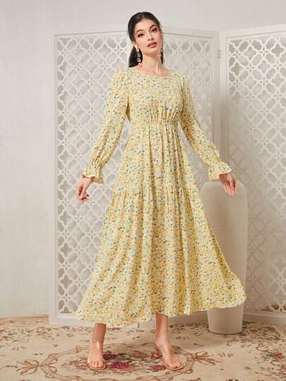 Seusyu Snygg blommig peplumklänning med manschetter, volanger, lapptäcke och rund hals, arabisk klänning, enkla