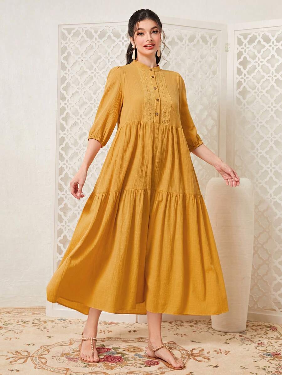 Mulvari Solid Button Front Ruffle Hem Smock Dress - Yellow - View 1