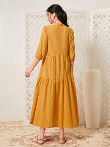 Mulvari Solid Button Front Ruffle Hem Smock Dress - Yellow - View 2