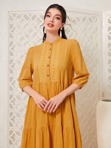 Mulvari Solid Button Front Ruffle Hem Smock Dress - Yellow - View 5